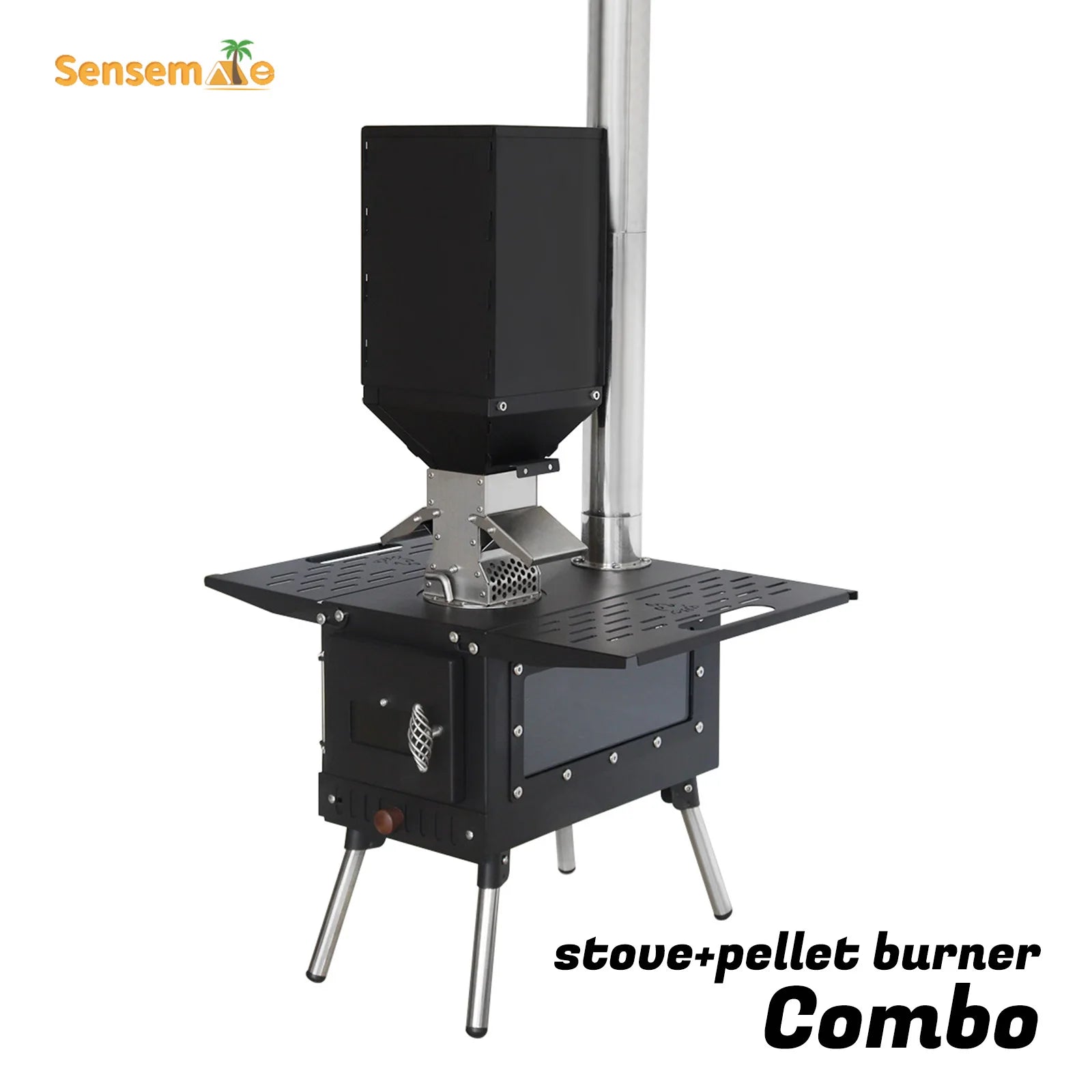 Fire Wood Heater Portable Camping Stove with Pellet Hopper Chimney Pipe Smokeless Wood Stove for Outdoor Cooking Tent Heating