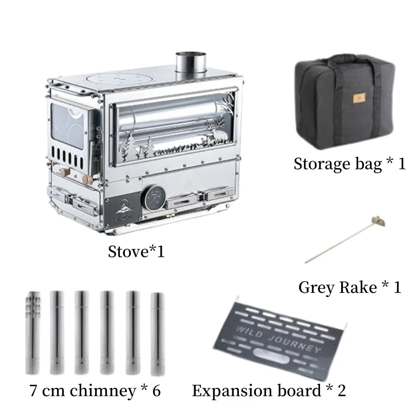 Camping Firewood Stove Brazier Wood Heater  Stainless Steel Tent  Stove Outdoor Camping Furance with Chimney Drawer Oven Burner