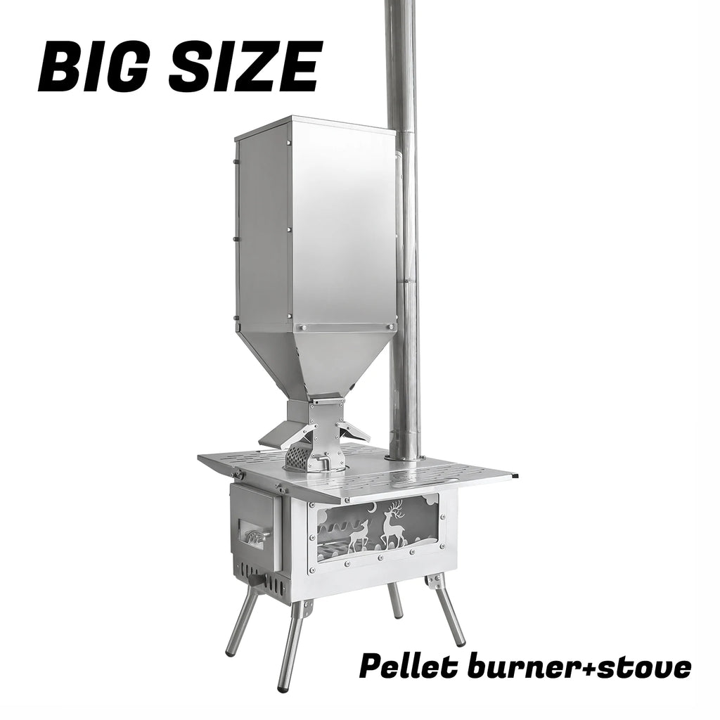 Fire Wood Heater Portable Camping Stove with Pellet Hopper Chimney Pipe Smokeless Wood Stove for Outdoor Cooking Tent Heating