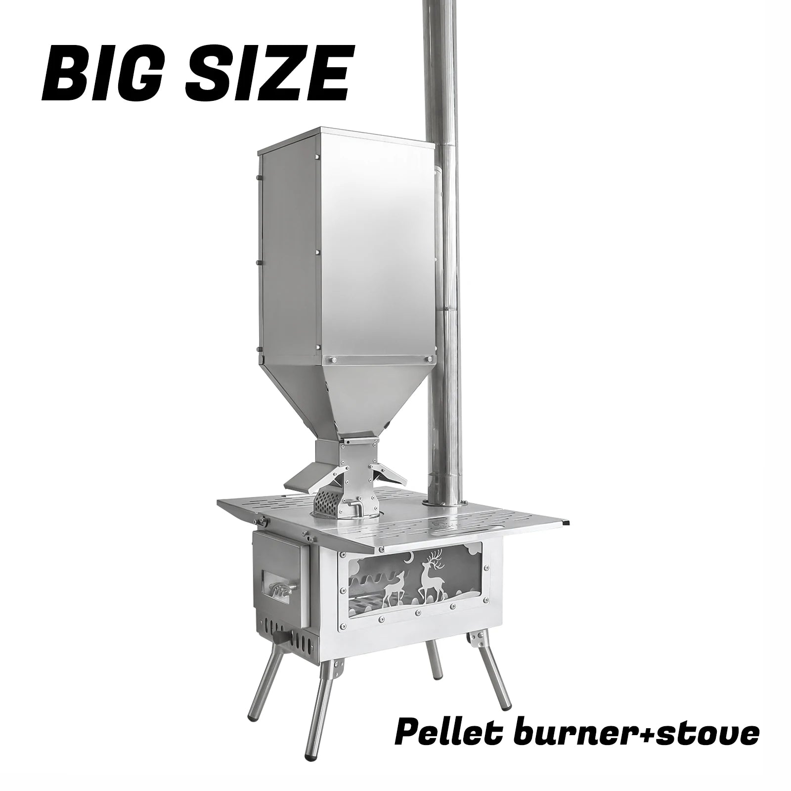 Fire Wood Heater Portable Camping Stove with Pellet Hopper Chimney Pipe Smokeless Wood Stove for Outdoor Cooking Tent Heating