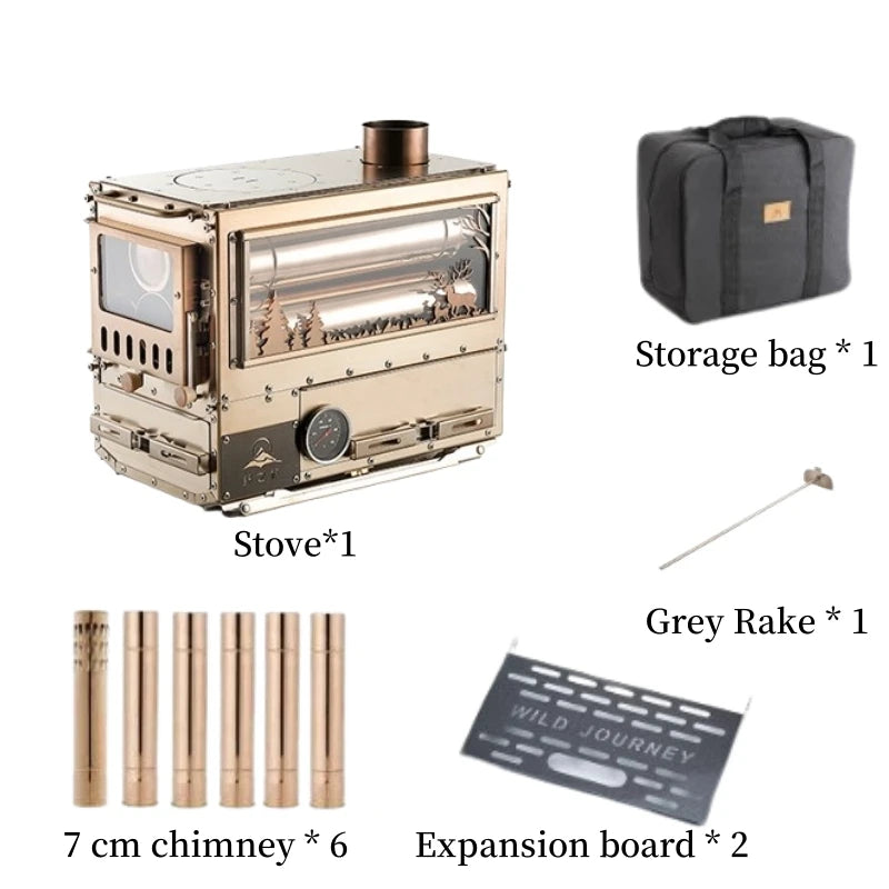 Camping Firewood Stove Brazier Wood Heater  Stainless Steel Tent  Stove Outdoor Camping Furance with Chimney Drawer Oven Burner