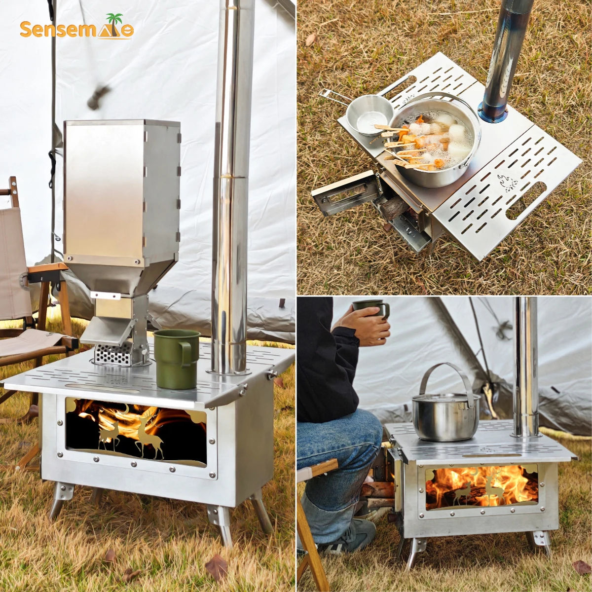 Fire Wood Heater Portable Camping Stove with Pellet Hopper Chimney Pipe Smokeless Wood Stove for Outdoor Cooking Tent Heating