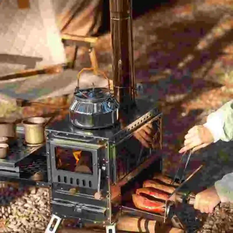 Camping Firewood Stove Brazier Wood Heater  Stainless Steel Tent  Stove Outdoor Camping Furance with Chimney Drawer Oven Burner