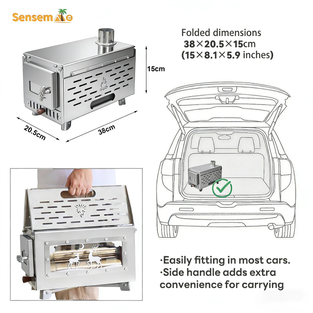 Fire Wood Heater Portable Camping Stove with Pellet Hopper Chimney Pipe Smokeless Wood Stove for Outdoor Cooking Tent Heating