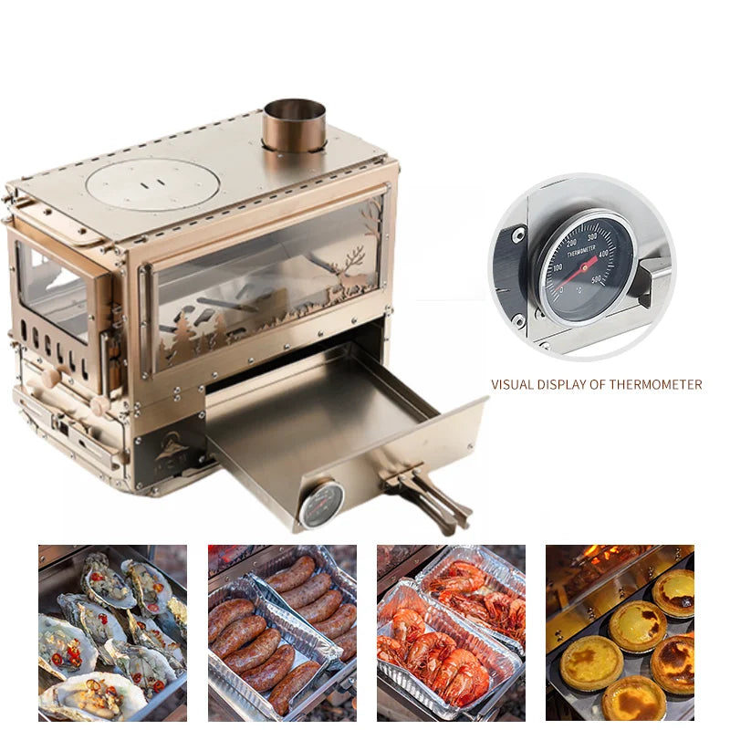 Camping Firewood Stove Brazier Wood Heater  Stainless Steel Tent  Stove Outdoor Camping Furance with Chimney Drawer Oven Burner