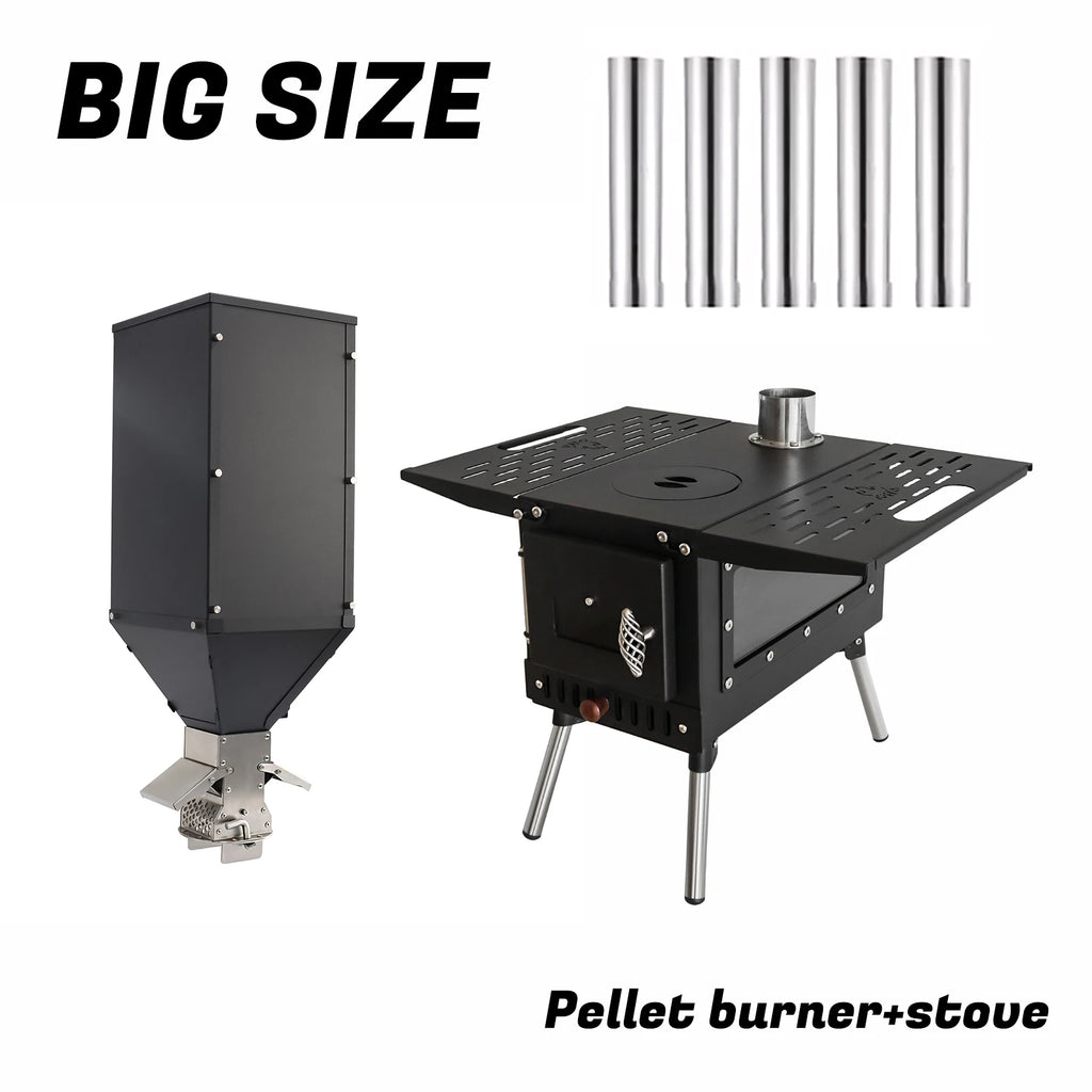 Fire Wood Heater Portable Camping Stove with Pellet Hopper Chimney Pipe Smokeless Wood Stove for Outdoor Cooking Tent Heating