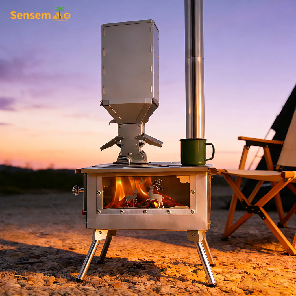 Fire Wood Heater Portable Camping Stove with Pellet Hopper Chimney Pipe Smokeless Wood Stove for Outdoor Cooking Tent Heating