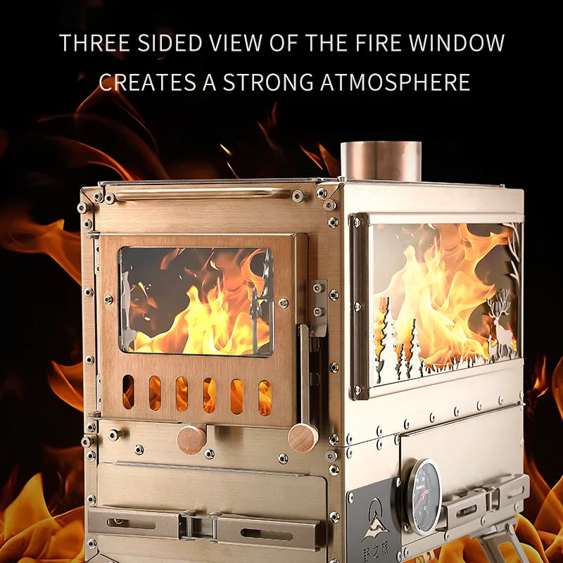 Camping Firewood Stove Brazier Wood Heater  Stainless Steel Tent  Stove Outdoor Camping Furance with Chimney Drawer Oven Burner