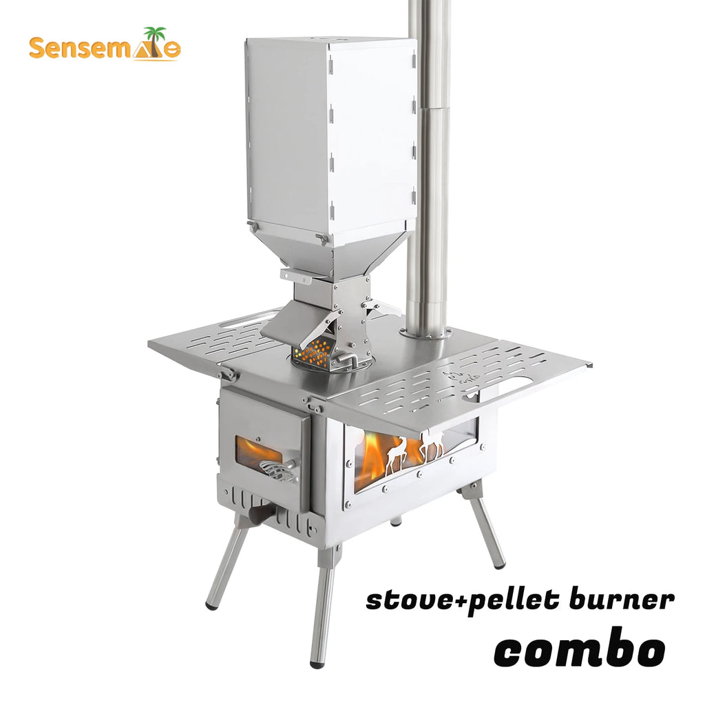 Fire Wood Heater Portable Camping Stove with Pellet Hopper Chimney Pipe Smokeless Wood Stove for Outdoor Cooking Tent Heating