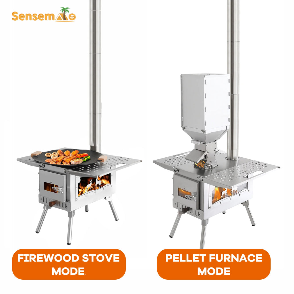 Fire Wood Heater Portable Camping Stove with Pellet Hopper Chimney Pipe Smokeless Wood Stove for Outdoor Cooking Tent Heating