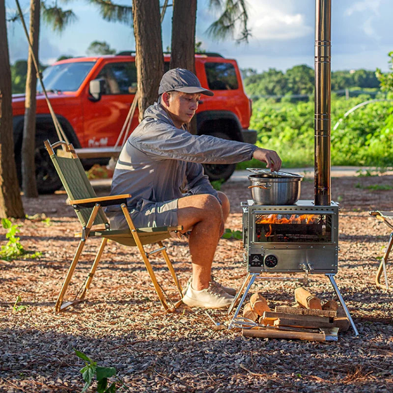 Camping Firewood Stove Brazier Wood Heater  Stainless Steel Tent  Stove Outdoor Camping Furance with Chimney Drawer Oven Burner
