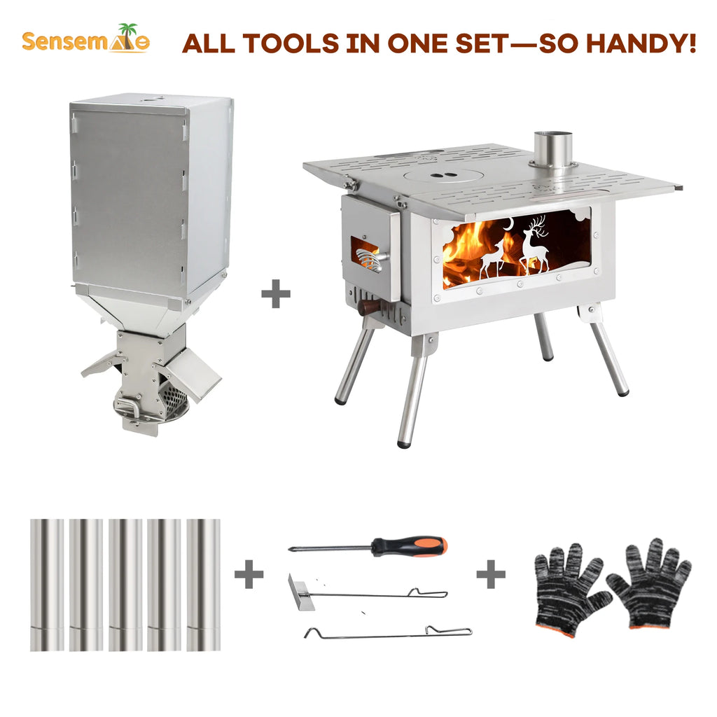 Fire Wood Heater Portable Camping Stove with Pellet Hopper Chimney Pipe Smokeless Wood Stove for Outdoor Cooking Tent Heating