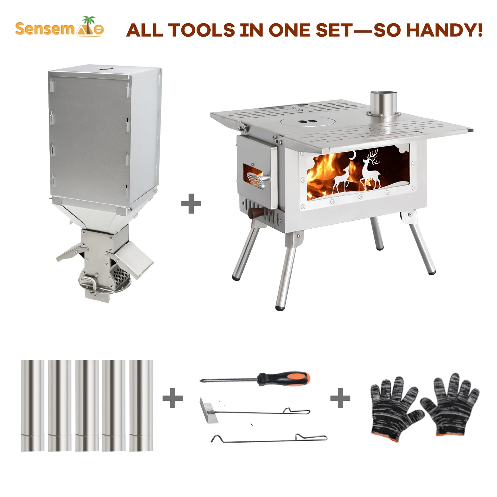 Fire Wood Heater Portable Camping Stove with Pellet Hopper Chimney Pipe Smokeless Wood Stove for Outdoor Cooking Tent Heating